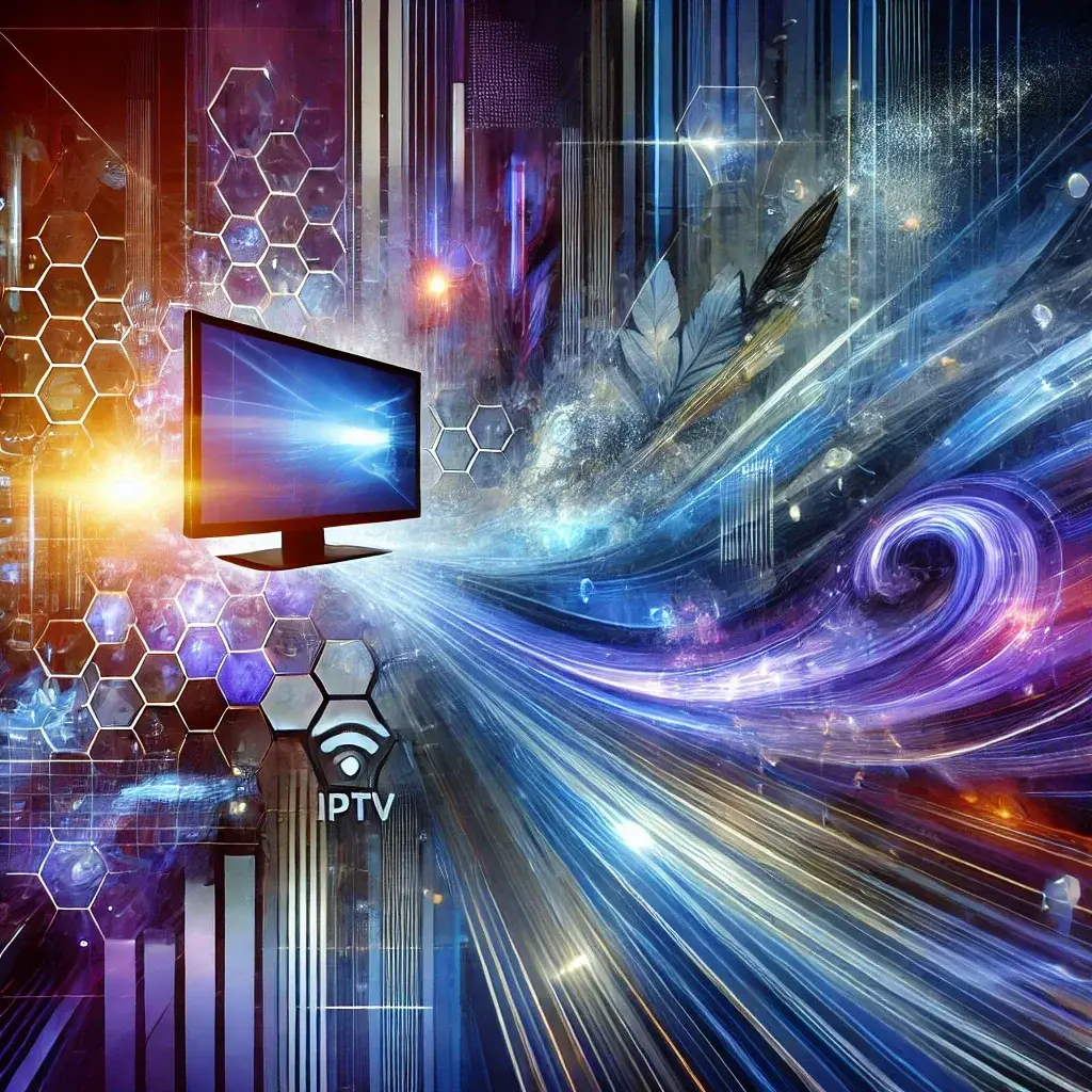 Abstract digital swirl background with a glowing TV screen in the foreground